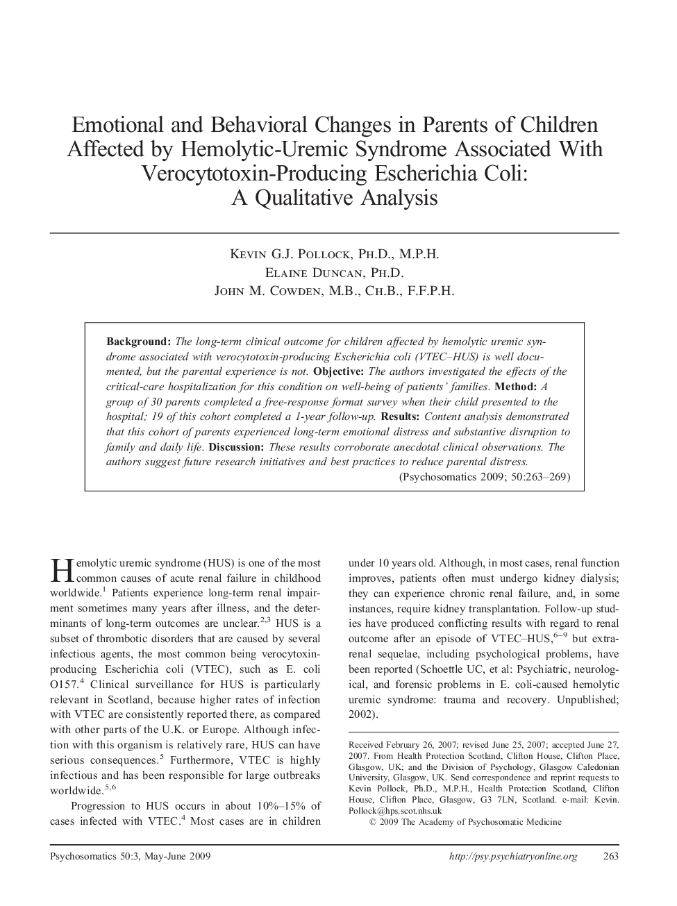 Emotional and Behavioral Changes in Parents of Children Affected by Hemolytic-Uremic Syndrome Associated With Verocytotoxin-Producing Escherichia Coli: A Qualitative Analysis