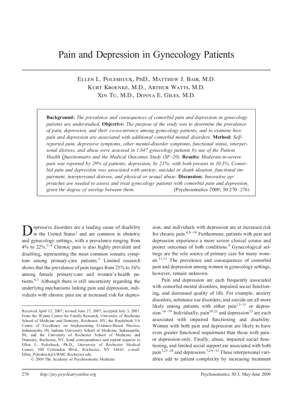 Pain and Depression in Gynecology Patients