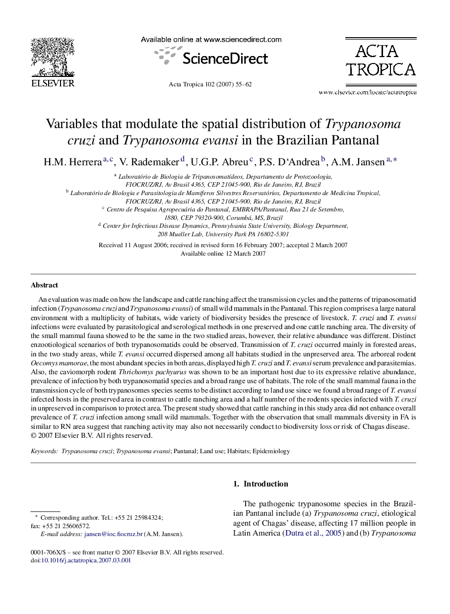 Variables that modulate the spatial distribution of Trypanosoma cruzi and Trypanosoma evansi in the Brazilian Pantanal