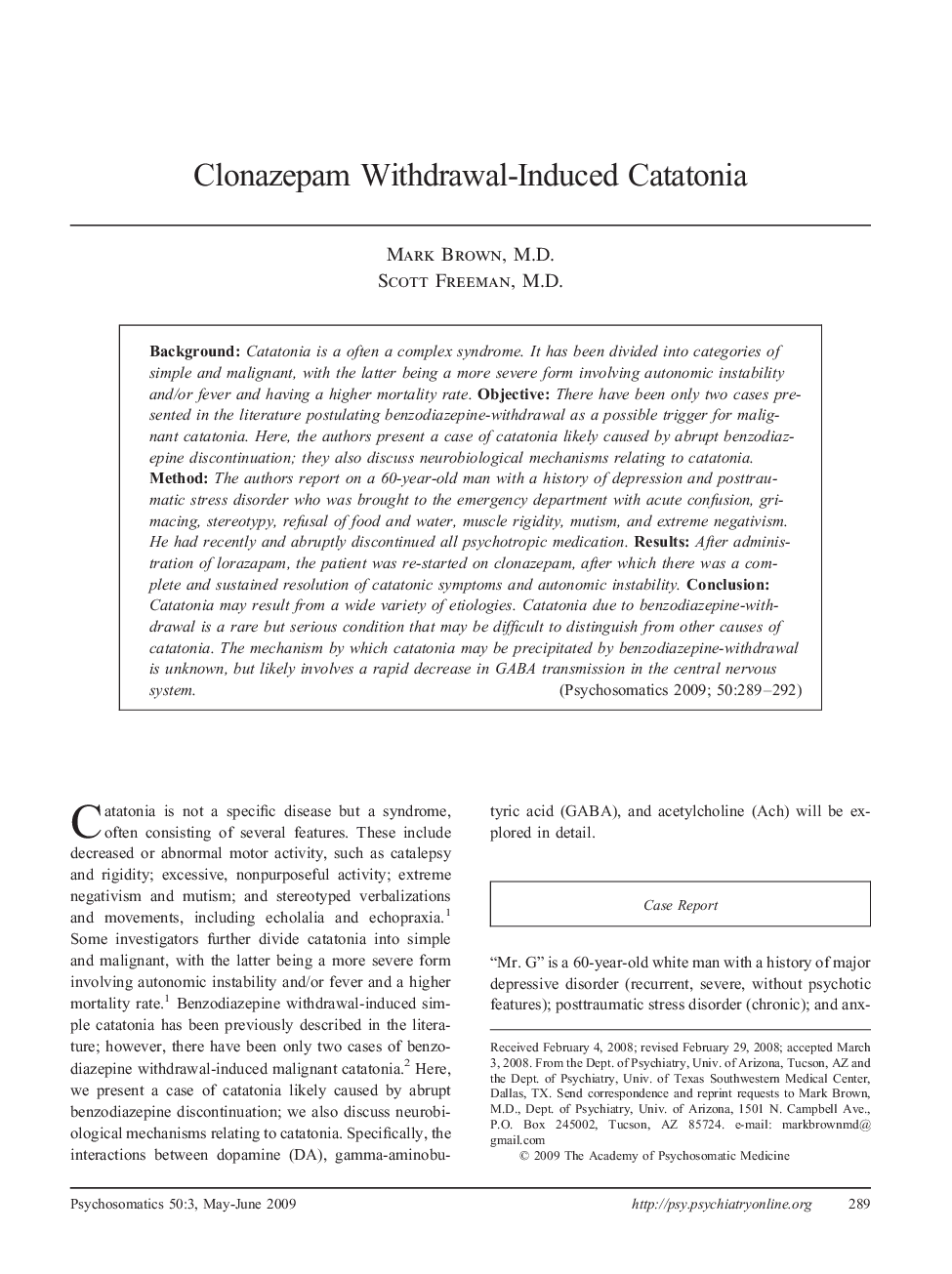 Clonazepam Withdrawal-Induced Catatonia
