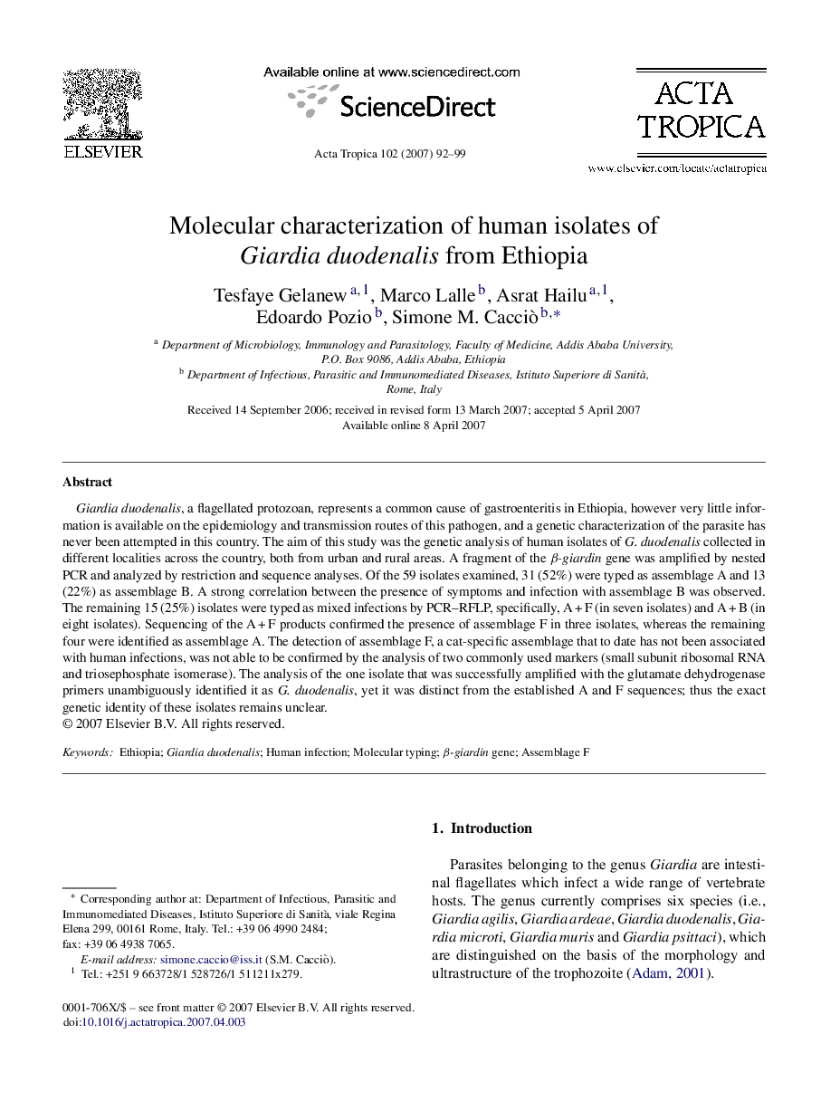 Molecular characterization of human isolates of Giardia duodenalis from Ethiopia