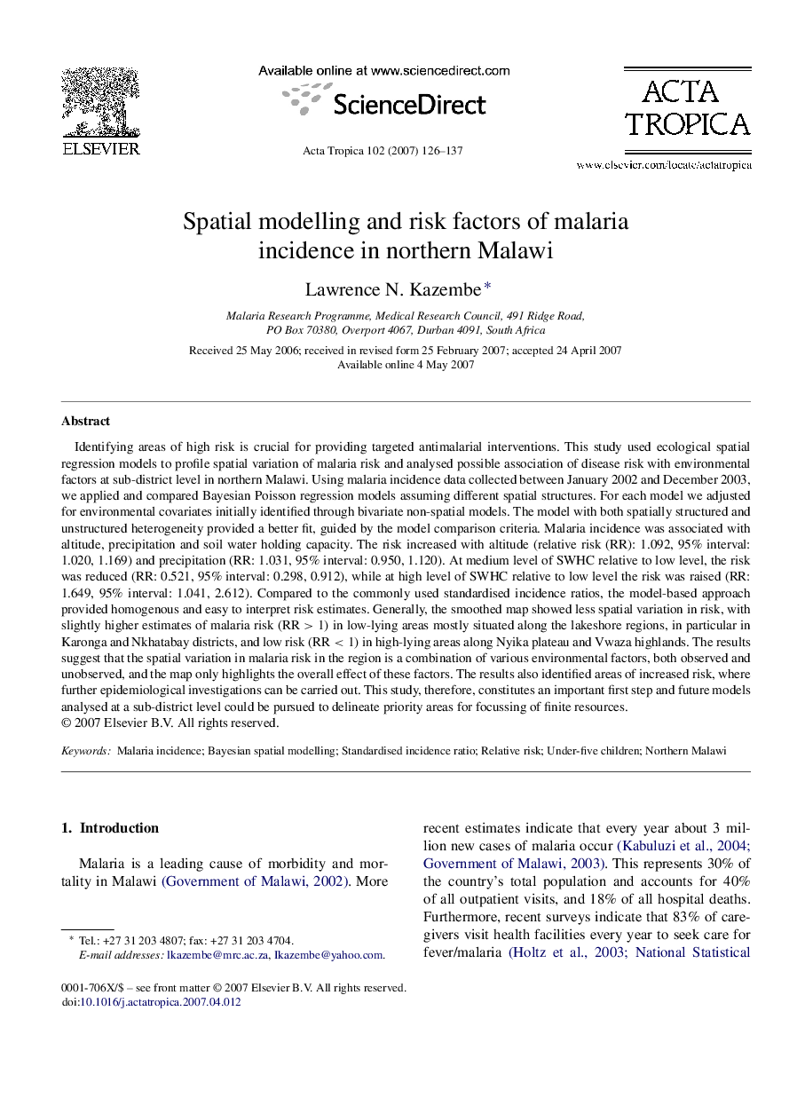 Spatial modelling and risk factors of malaria incidence in northern Malawi