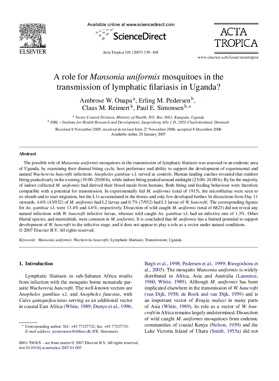 عکس صفحه اول مقاله: A role for Mansonia uniformis mosquitoes in the transmission of lymphatic filariasis in Uganda? A role for Mansonia uniformis mosquitoes in the transmission of lymphatic filariasis in Uganda?