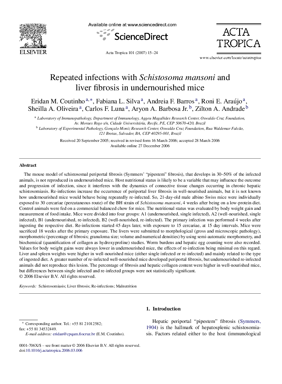 Repeated infections with Schistosoma mansoni and liver fibrosis in undernourished mice