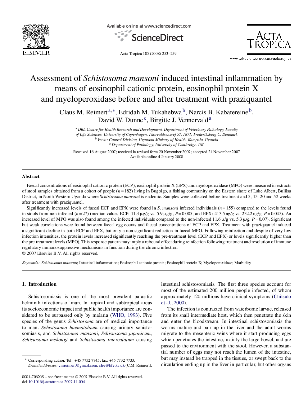 Assessment of Schistosoma mansoni induced intestinal inflammation by means of eosinophil cationic protein, eosinophil protein X and myeloperoxidase before and after treatment with praziquantel