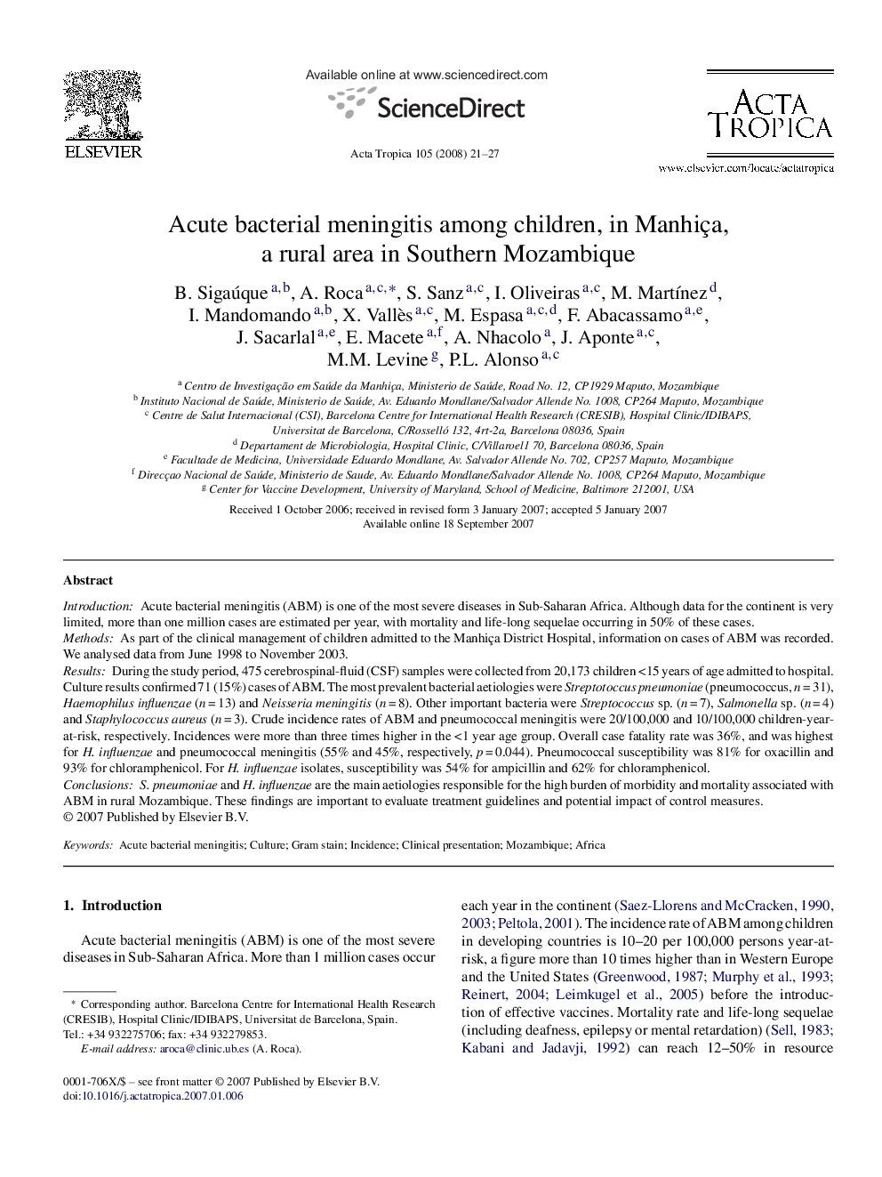 Acute bacterial meningitis among children, in Manhiça, a rural area in Southern Mozambique