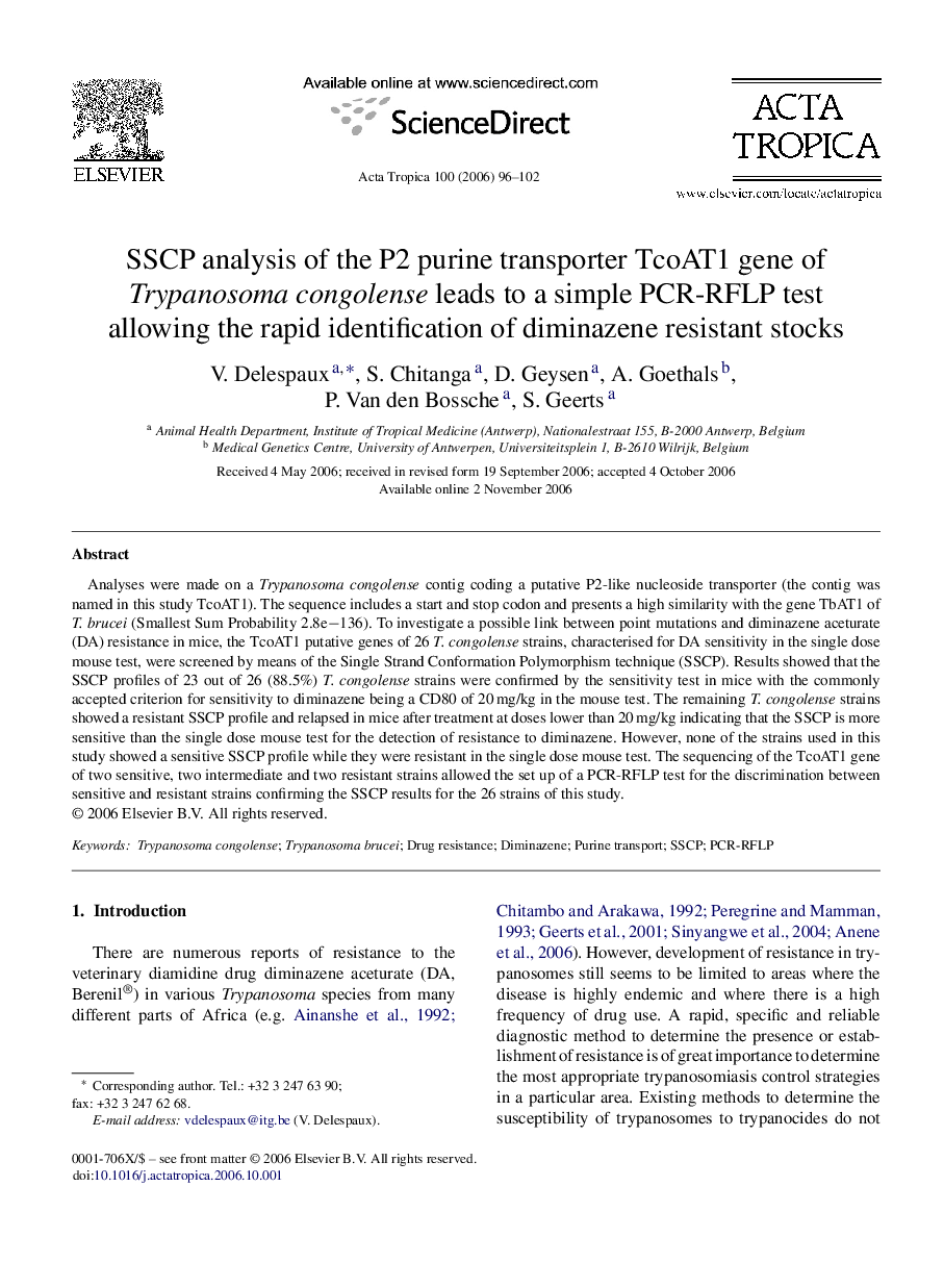 SSCP analysis of the P2 purine transporter TcoAT1 gene of Trypanosoma congolense leads to a simple PCR-RFLP test allowing the rapid identification of diminazene resistant stocks