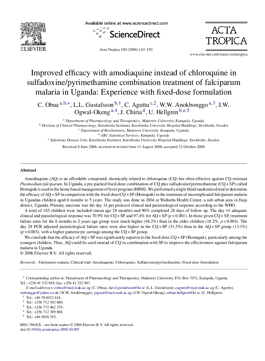 Improved efficacy with amodiaquine instead of chloroquine in sulfadoxine/pyrimethamine combination treatment of falciparum malaria in Uganda: Experience with fixed-dose formulation