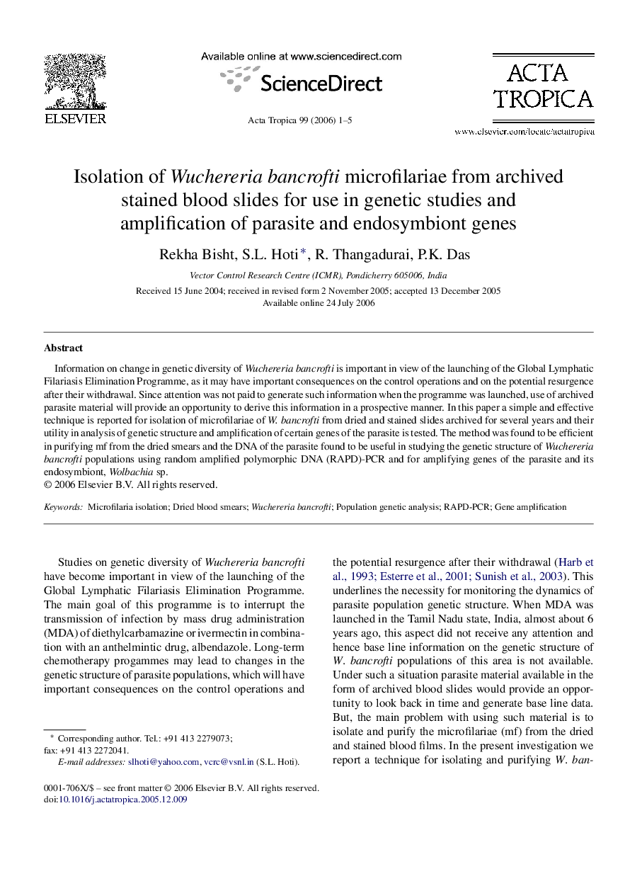 Isolation of Wuchereria bancrofti microfilariae from archived stained blood slides for use in genetic studies and amplification of parasite and endosymbiont genes