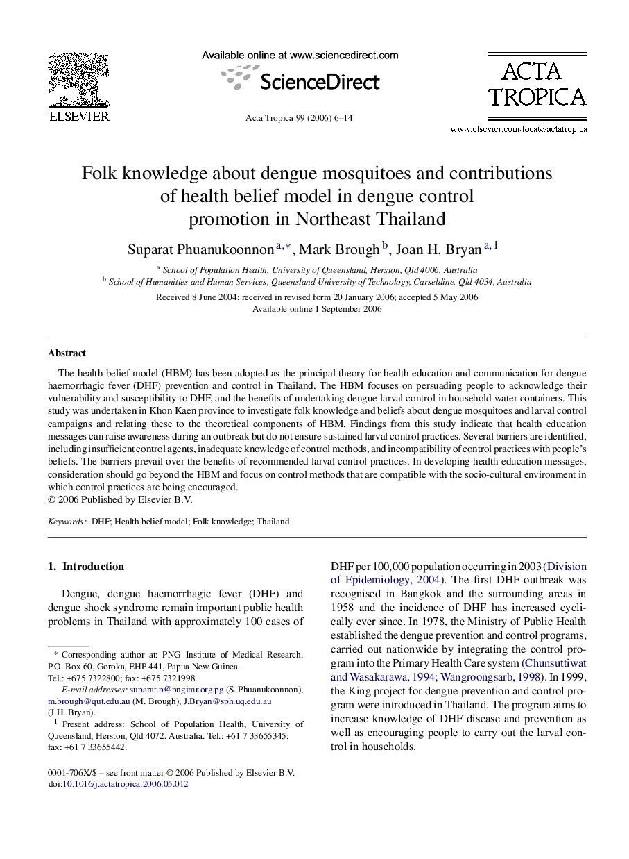 Folk knowledge about dengue mosquitoes and contributions of health belief model in dengue control promotion in Northeast Thailand