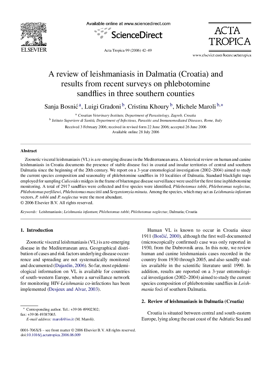 A review of leishmaniasis in Dalmatia (Croatia) and results from recent surveys on phlebotomine sandflies in three southern counties