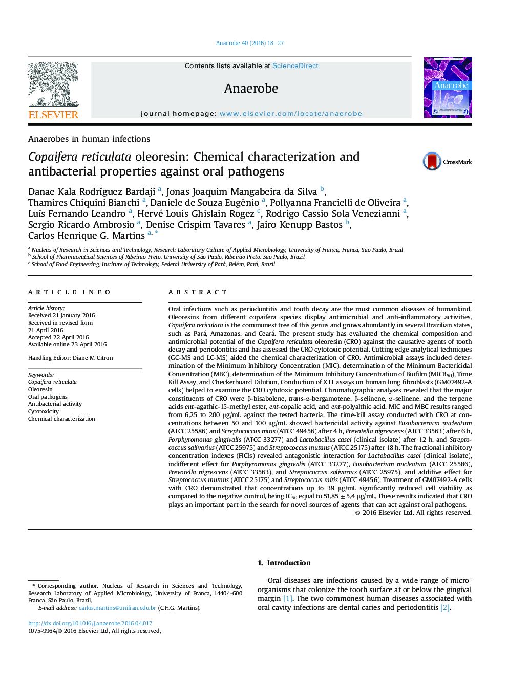 Copaifera reticulata oleoresin: Chemical characterization and antibacterial properties against oral pathogens