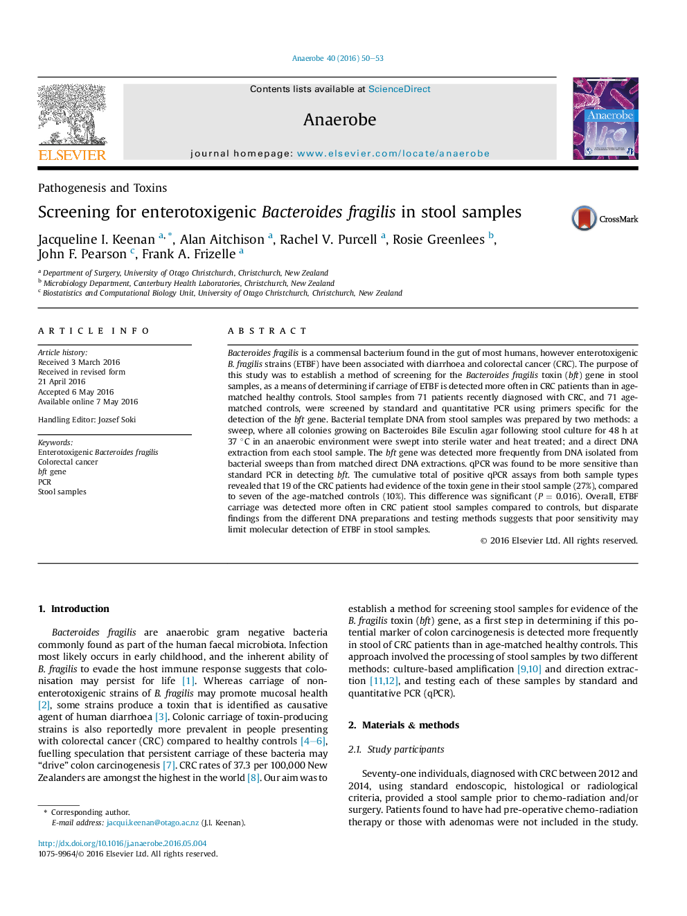 Screening for enterotoxigenic Bacteroides fragilis in stool samples