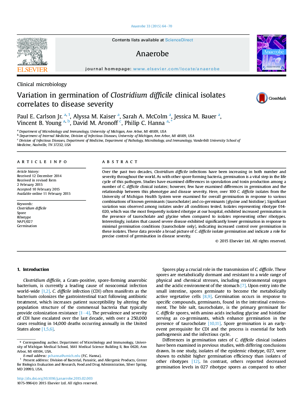 Variation in germination of Clostridium difficile clinical isolates correlates to disease severity