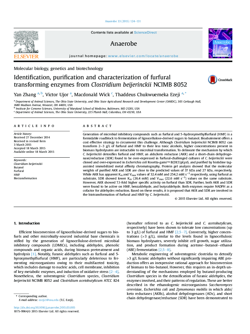 Identification, purification and characterization of furfural transforming enzymes from Clostridium beijerinckii NCIMB 8052