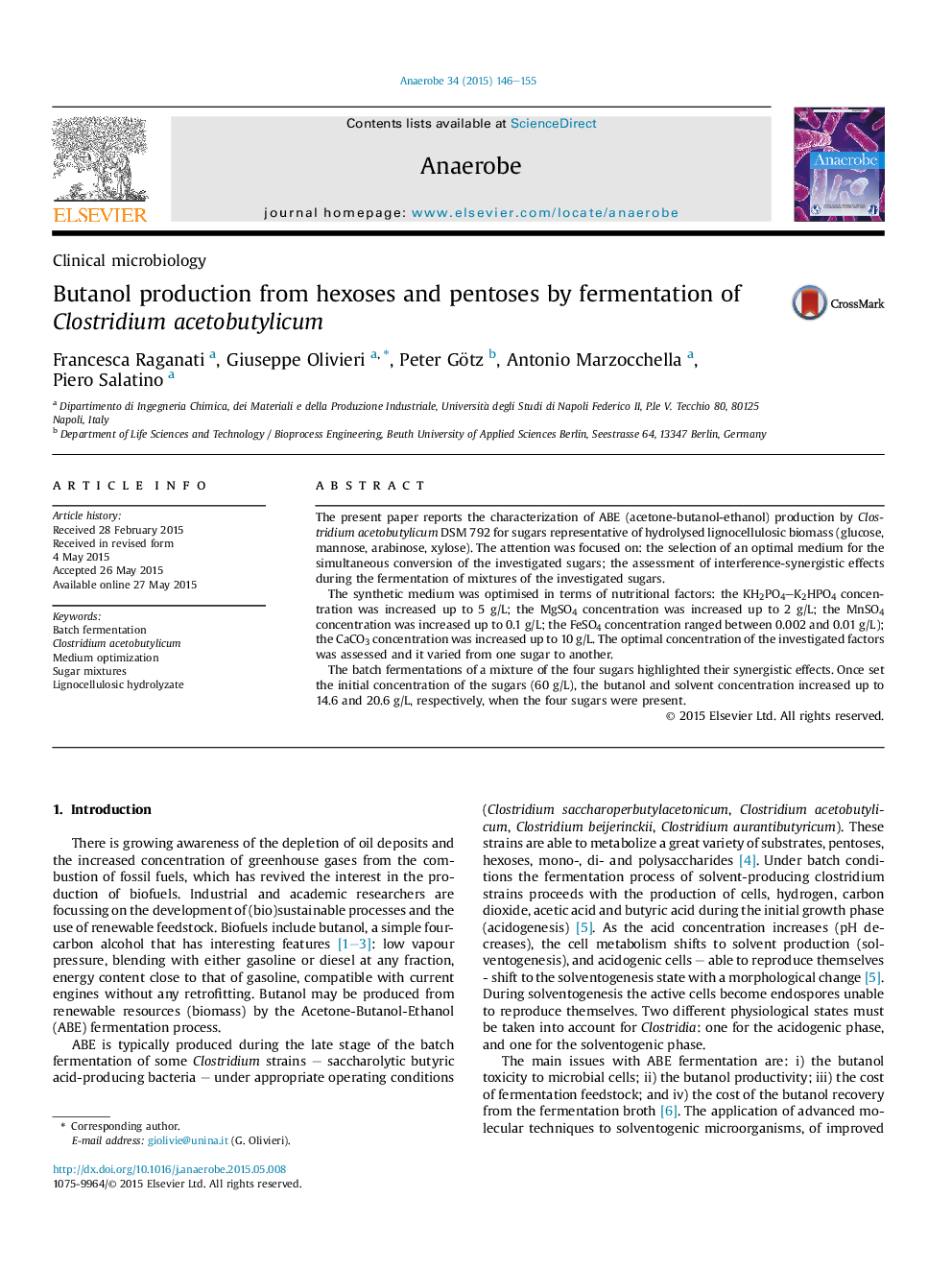 Butanol production from hexoses and pentoses by fermentation of Clostridium acetobutylicum