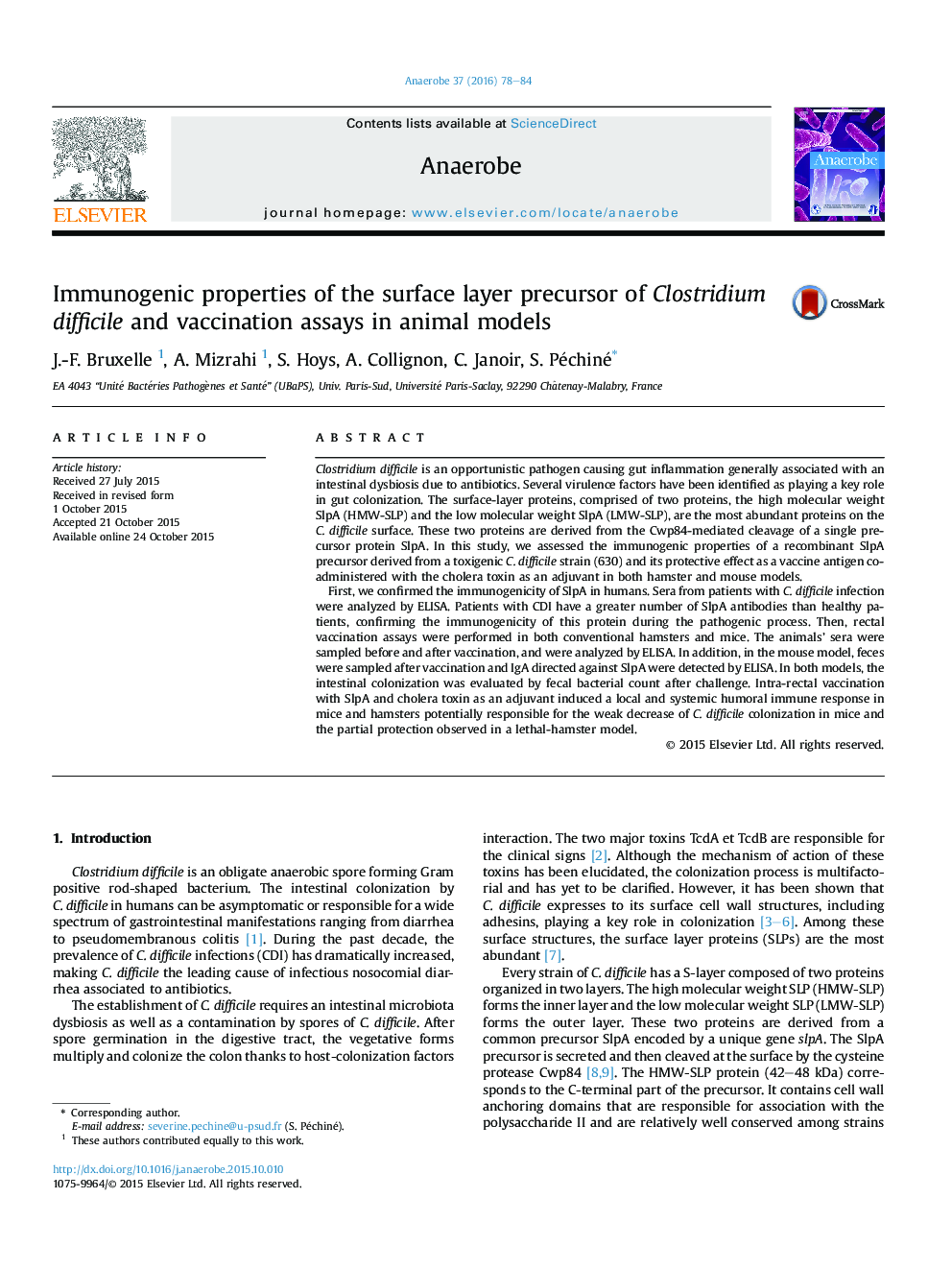 عکس صفحه اول مقاله: Immunogenic properties of the surface layer precursor of Clostridium difficile and vaccination assays in animal models Immunogenic properties of the surface layer precursor of Clostridium difficile and vaccination assays in animal models