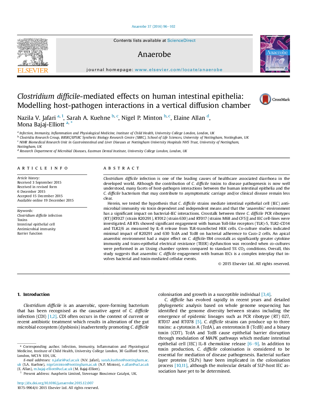 Clostridium difficile-mediated effects on human intestinal epithelia: Modelling host-pathogen interactions in a vertical diffusion chamber