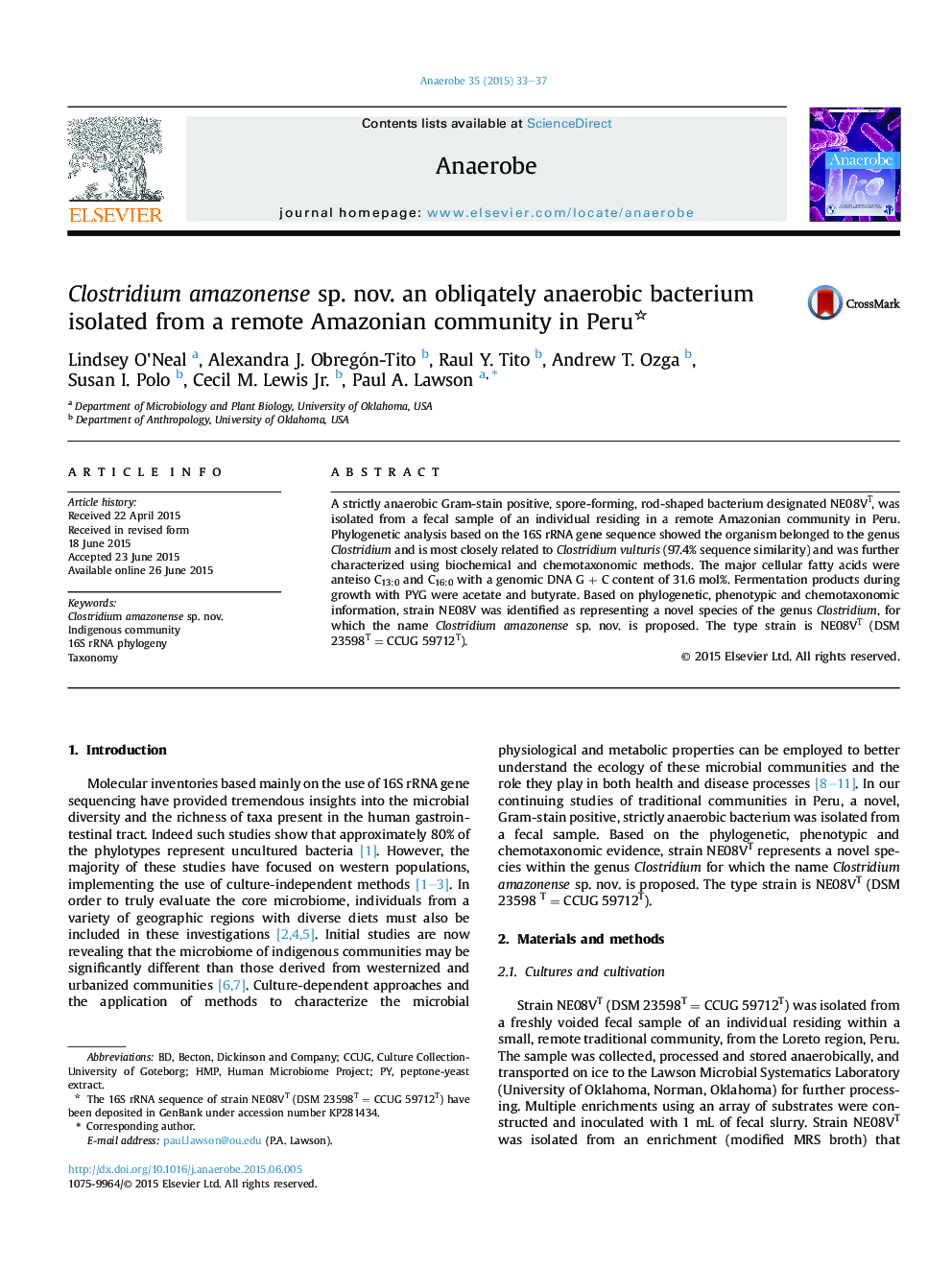 Clostridium amazonense sp. nov. an obliqately anaerobic bacterium isolated from a remote Amazonian community in Peru 