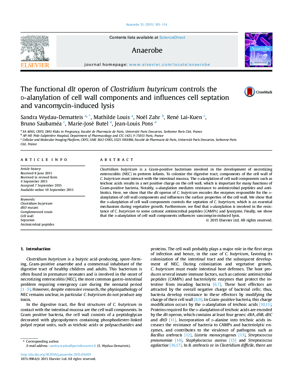 The functional dlt operon of Clostridium butyricum controls the d-alanylation of cell wall components and influences cell septation and vancomycin-induced lysis