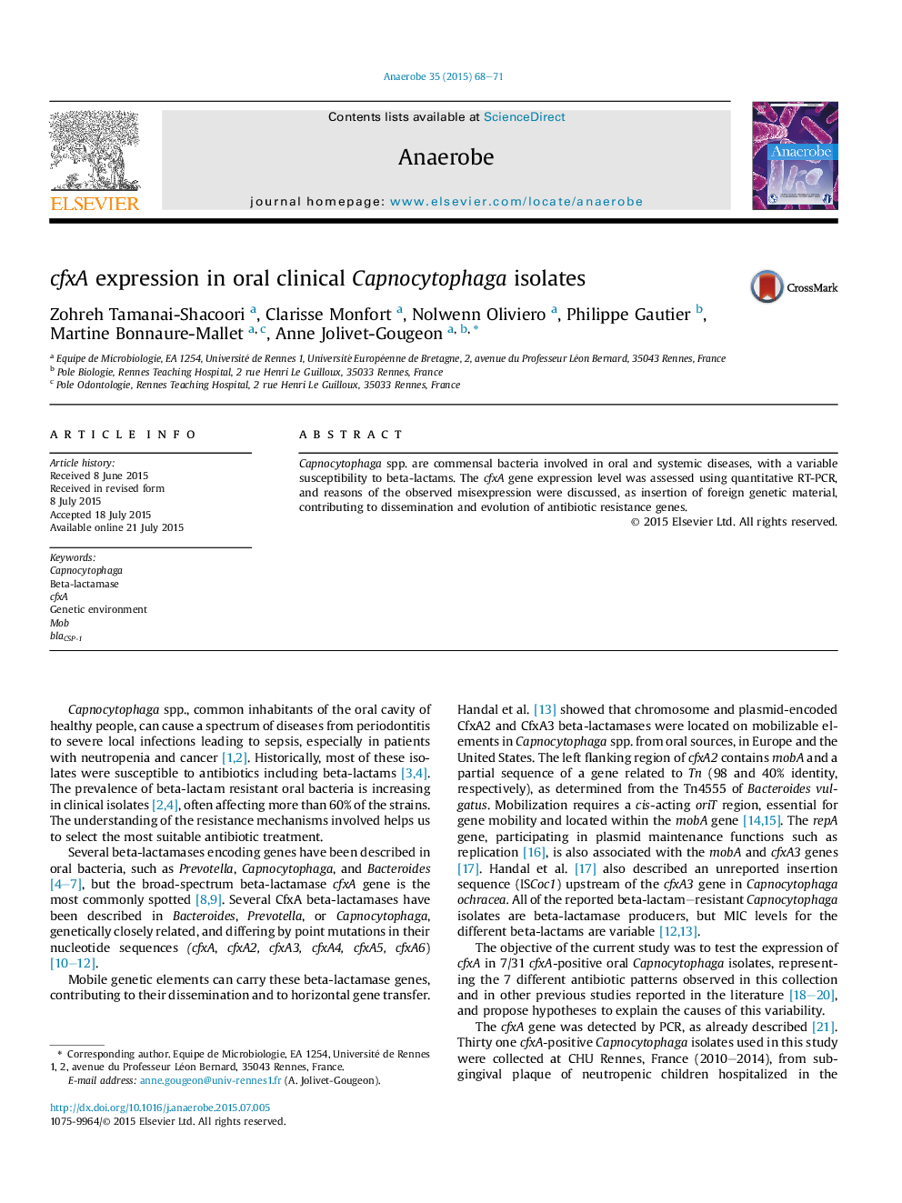 cfxA expression in oral clinical Capnocytophaga isolates