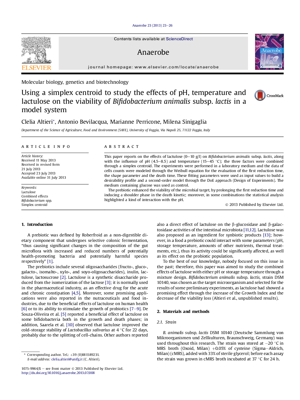 عکس صفحه اول مقاله: Using a simplex centroid to study the effects of pH, temperature and lactulose on the viability of Bifidobacterium animalis subsp. lactis in a model system Using a simplex centroid to study the effects of pH, temperature and lactulose on the viability of Bifidobacterium animalis subsp. lactis in a model system