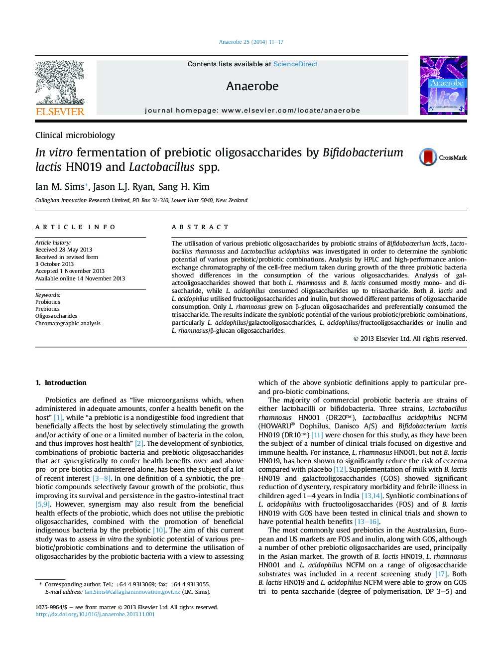 In vitro fermentation of prebiotic oligosaccharides by Bifidobacterium lactis HN019 and Lactobacillus spp.