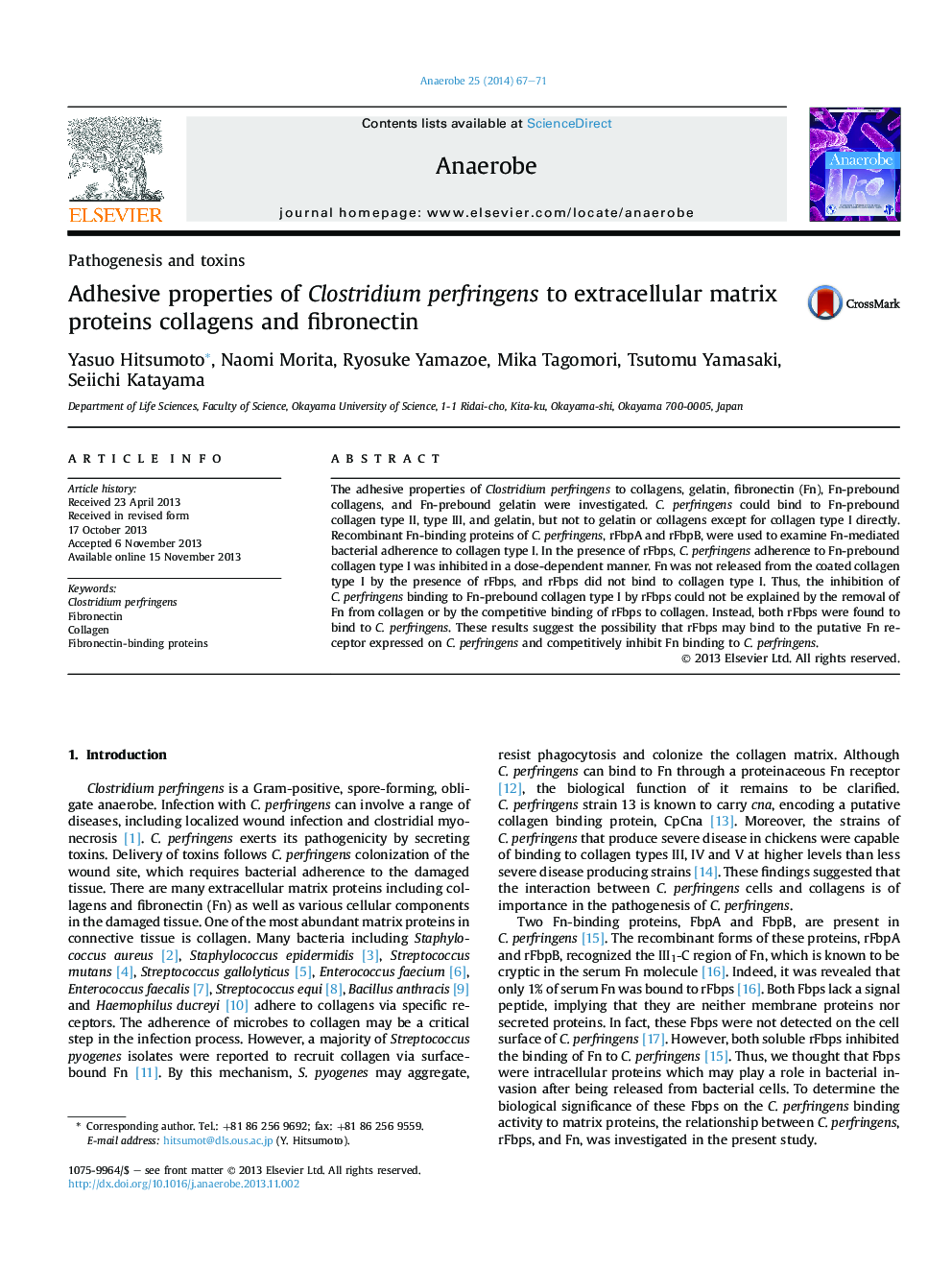 Adhesive properties of Clostridium perfringens to extracellular matrix proteins collagens and fibronectin