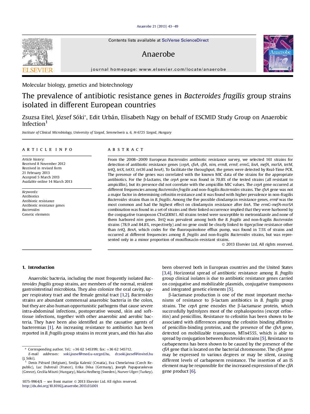 The prevalence of antibiotic resistance genes in Bacteroides fragilis group strains isolated in different European countries