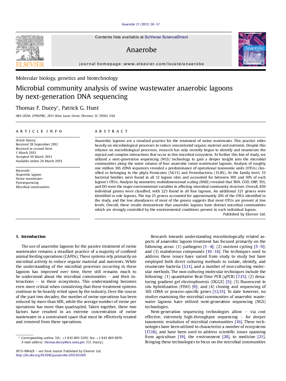 Microbial community analysis of swine wastewater anaerobic lagoons by next-generation DNA sequencing