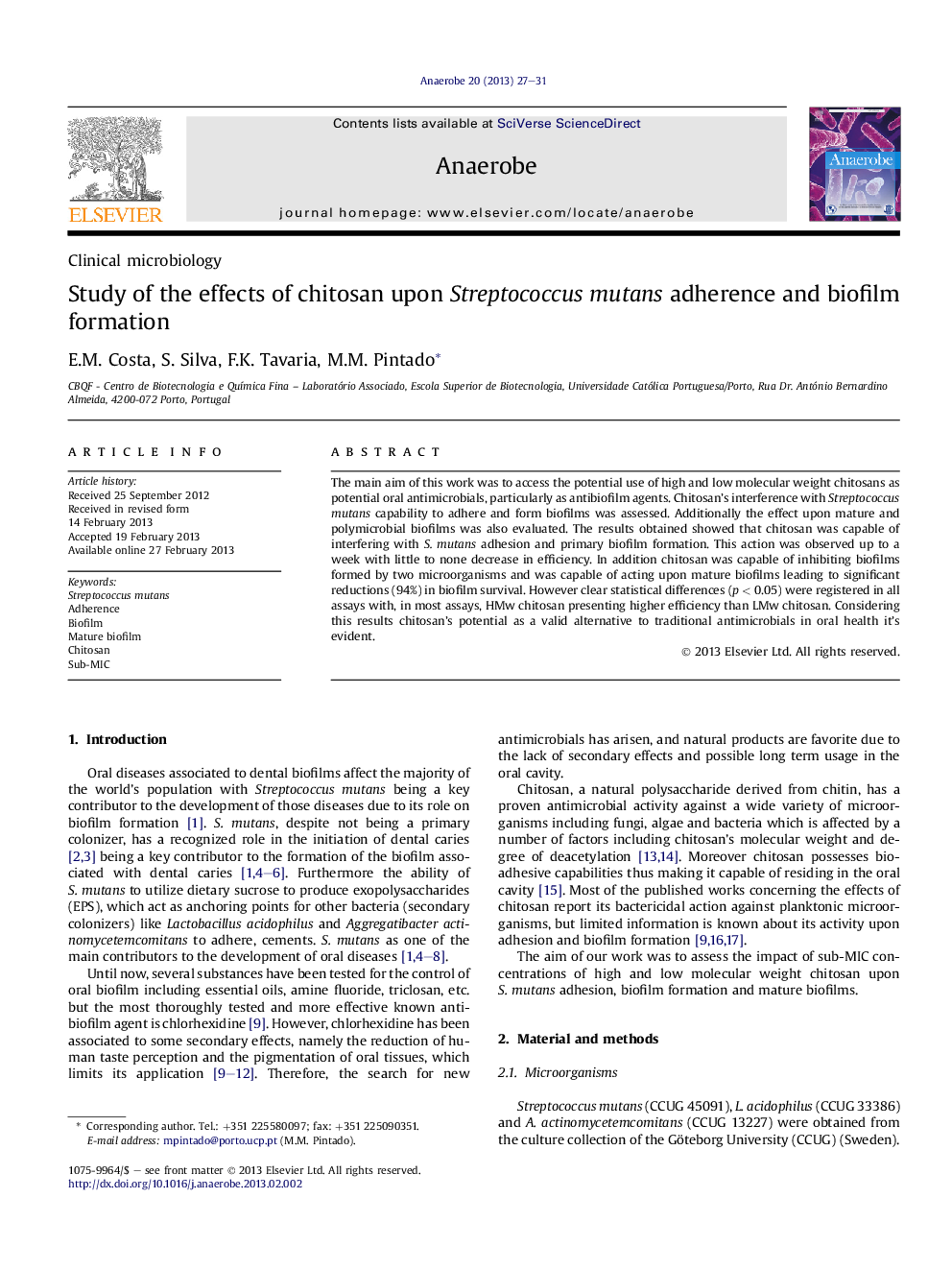 Study of the effects of chitosan upon Streptococcus mutans adherence and biofilm formation