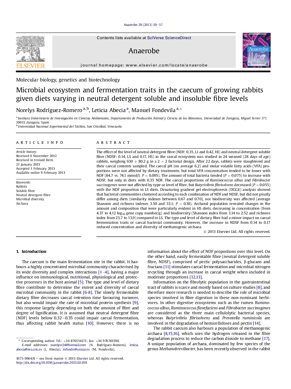 Microbial ecosystem and fermentation traits in the caecum of growing rabbits given diets varying in neutral detergent soluble and insoluble fibre levels