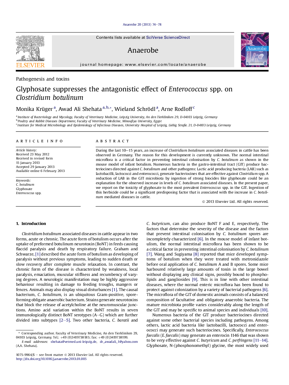 Glyphosate suppresses the antagonistic effect of Enterococcus spp. on Clostridium botulinum