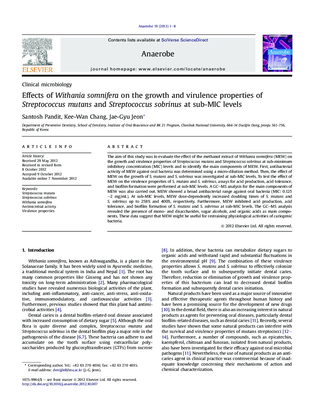 Effects of Withania somnifera on the growth and virulence properties of Streptococcus mutans and Streptococcus sobrinus at sub-MIC levels