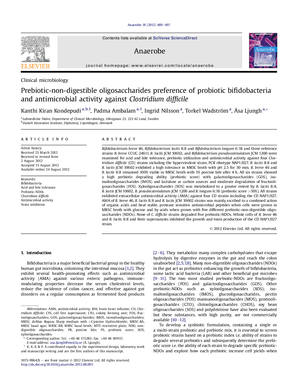 Prebiotic-non-digestible oligosaccharides preference of probiotic bifidobacteria and antimicrobial activity against Clostridium difficile