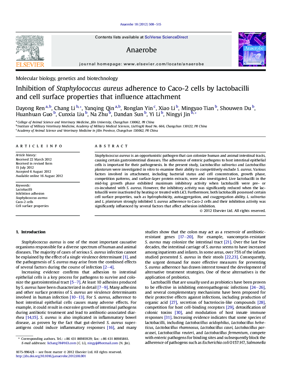 Inhibition of Staphylococcus aureus adherence to Caco-2 cells by lactobacilli and cell surface properties that influence attachment