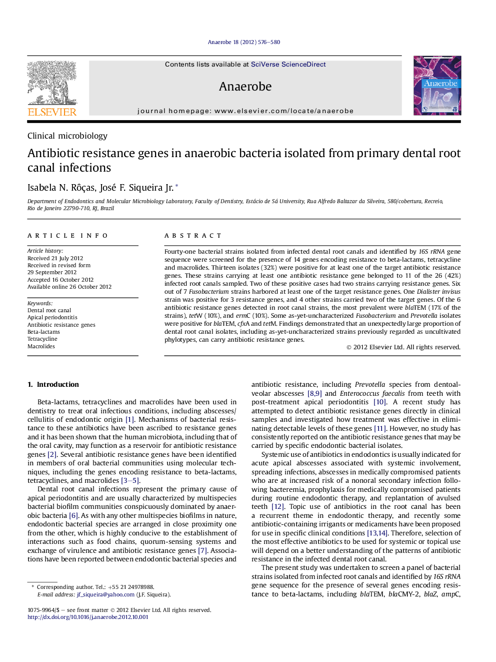 Antibiotic resistance genes in anaerobic bacteria isolated from primary dental root canal infections