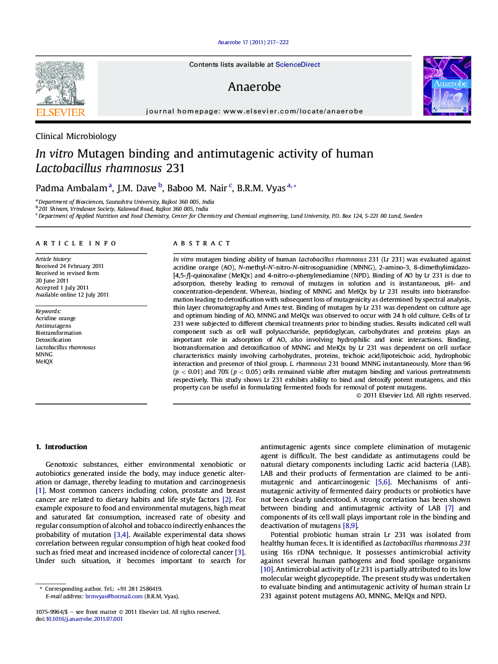 In vitro Mutagen binding and antimutagenic activity of human Lactobacillus rhamnosus 231