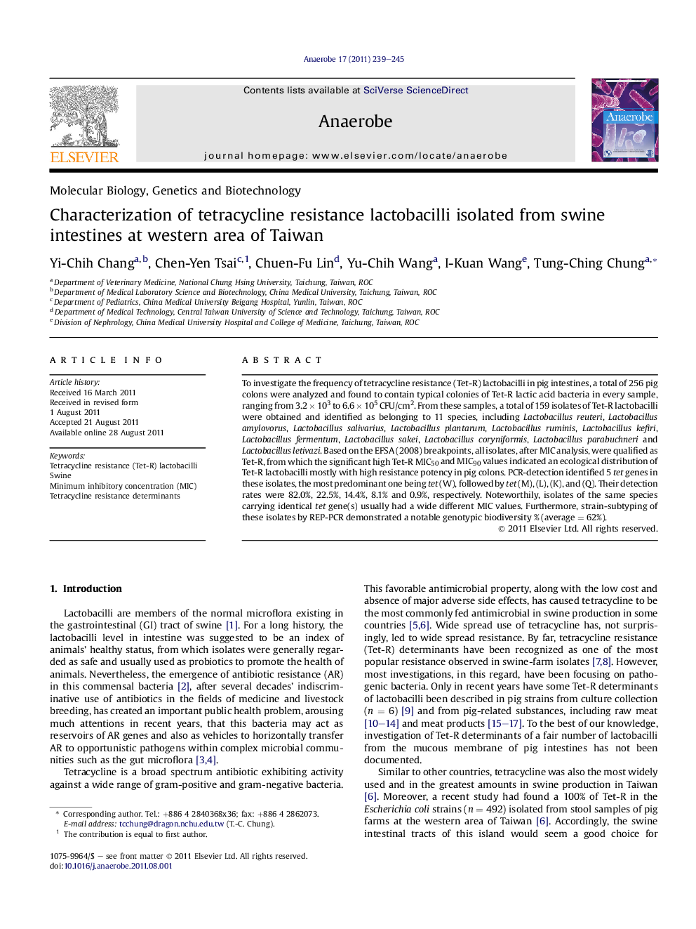 Characterization of tetracycline resistance lactobacilli isolated from swine intestines at western area of Taiwan