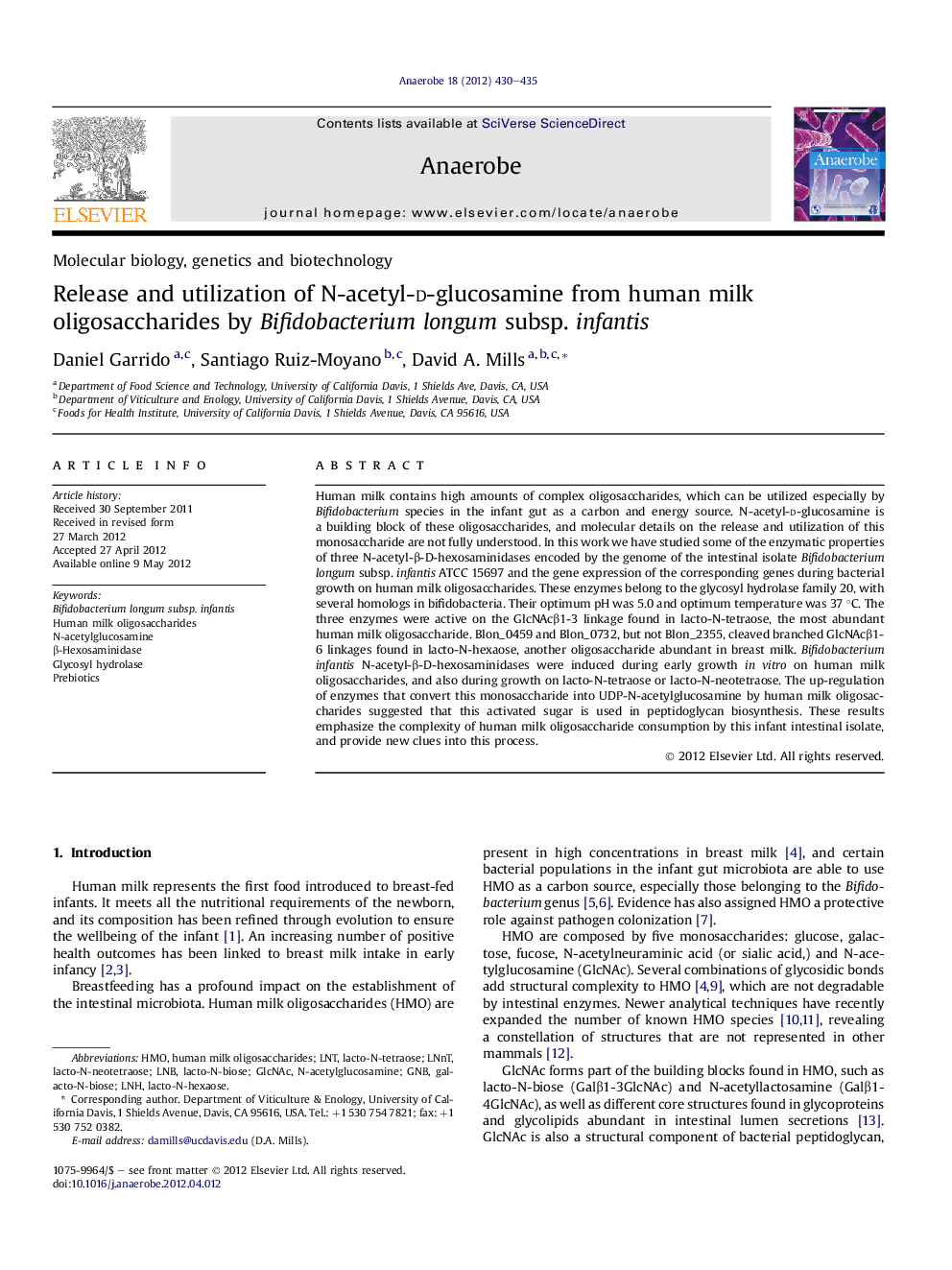 Release and utilization of N-acetyl-d-glucosamine from human milk oligosaccharides by Bifidobacterium longum subsp. infantis