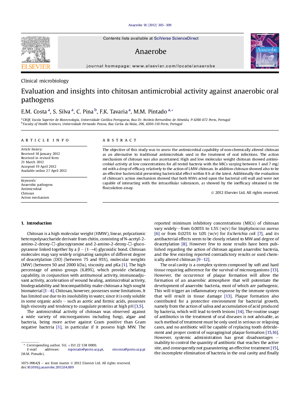 Evaluation and insights into chitosan antimicrobial activity against anaerobic oral pathogens