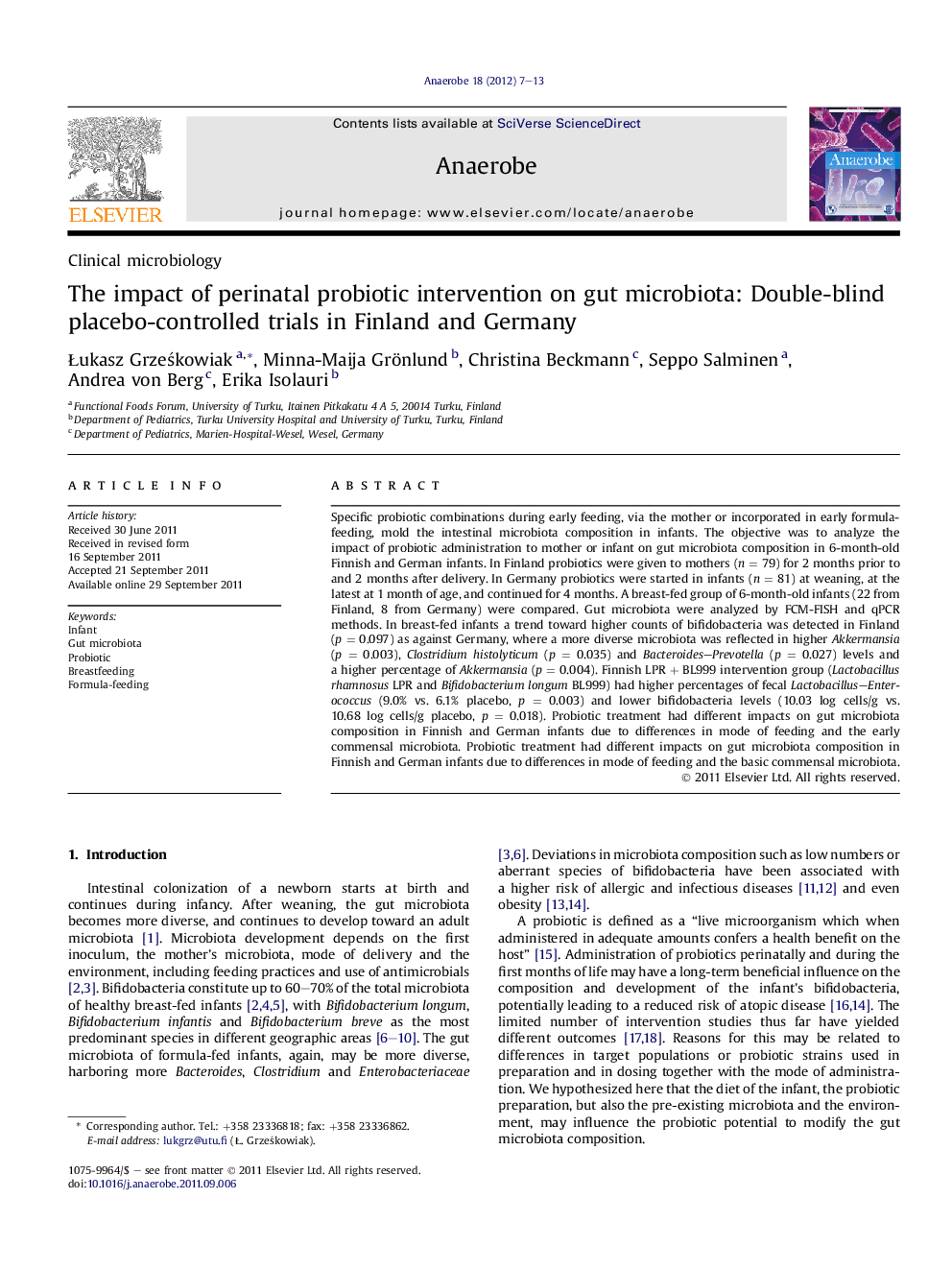 The impact of perinatal probiotic intervention on gut microbiota: Double-blind placebo-controlled trials in Finland and Germany