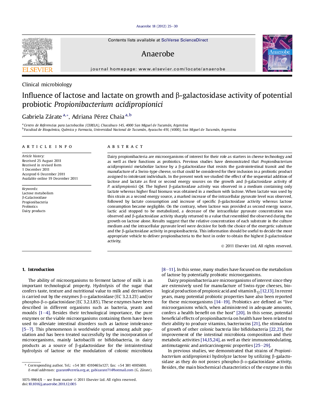 Influence of lactose and lactate on growth and β-galactosidase activity of potential probiotic Propionibacterium acidipropionici