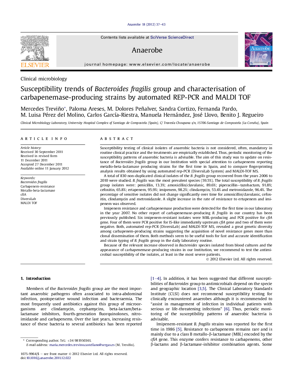 Susceptibility trends of Bacteroides fragilis group and characterisation of carbapenemase-producing strains by automated REP-PCR and MALDI TOF