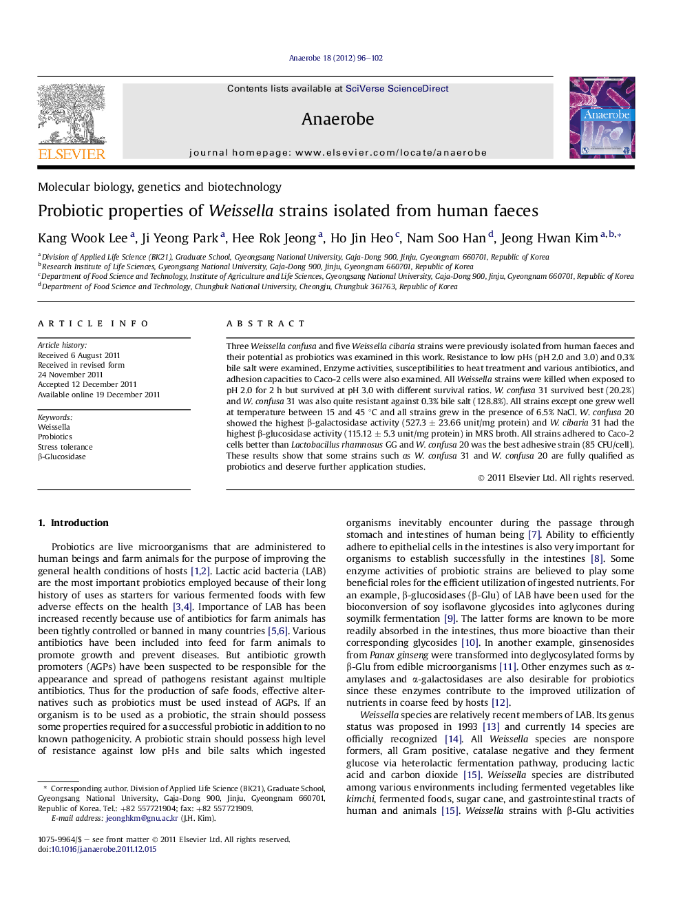 Probiotic properties of Weissella strains isolated from human faeces