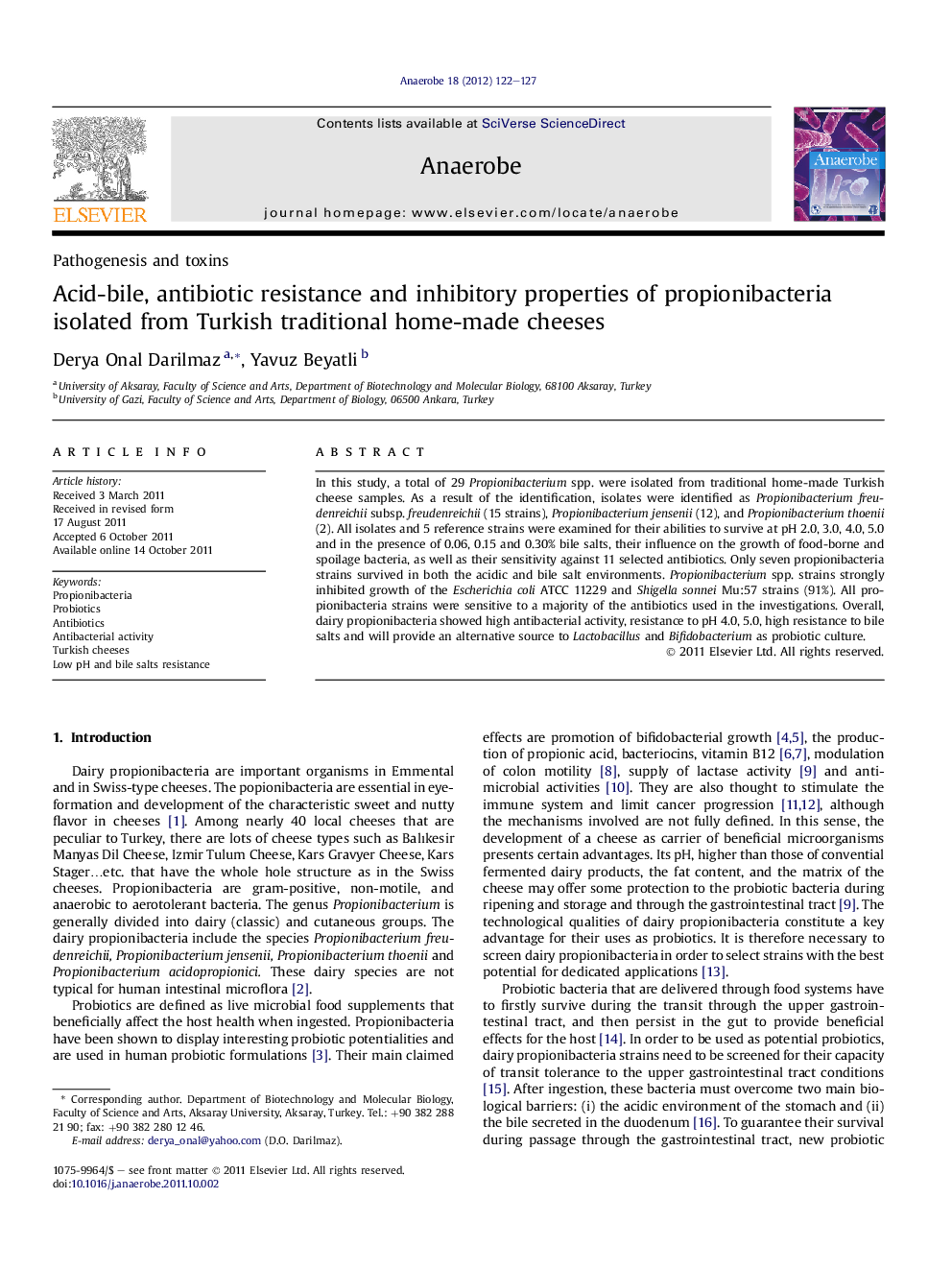 Acid-bile, antibiotic resistance and inhibitory properties of propionibacteria isolated from Turkish traditional home-made cheeses