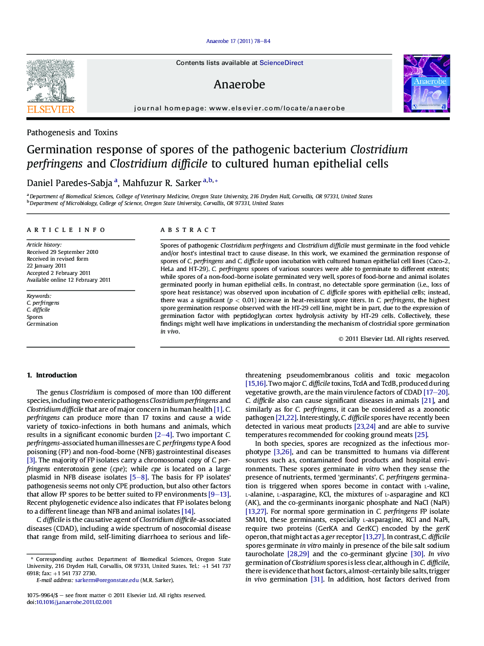 Germination response of spores of the pathogenic bacterium Clostridium perfringens and Clostridium difficile to cultured human epithelial cells