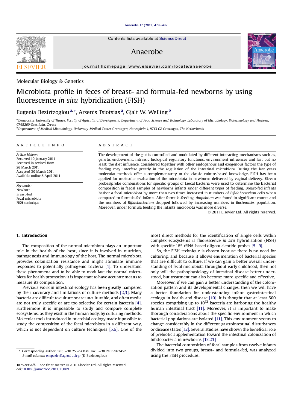 Microbiota profile in feces of breast- and formula-fed newborns by using fluorescence in situ hybridization (FISH)