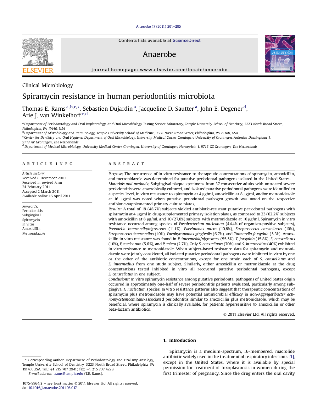 Spiramycin resistance in human periodontitis microbiota