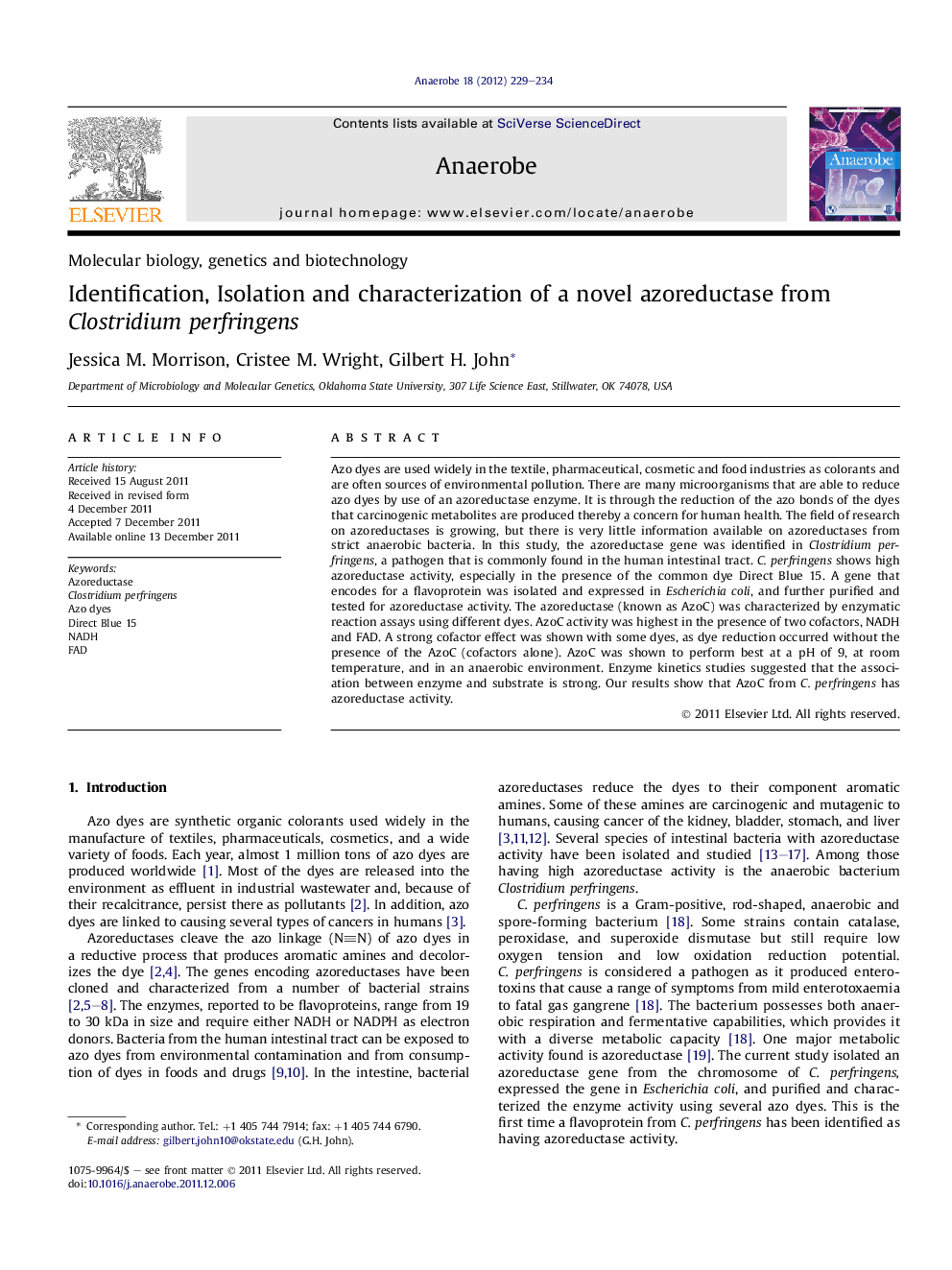 Identification, Isolation and characterization of a novel azoreductase from Clostridium perfringens